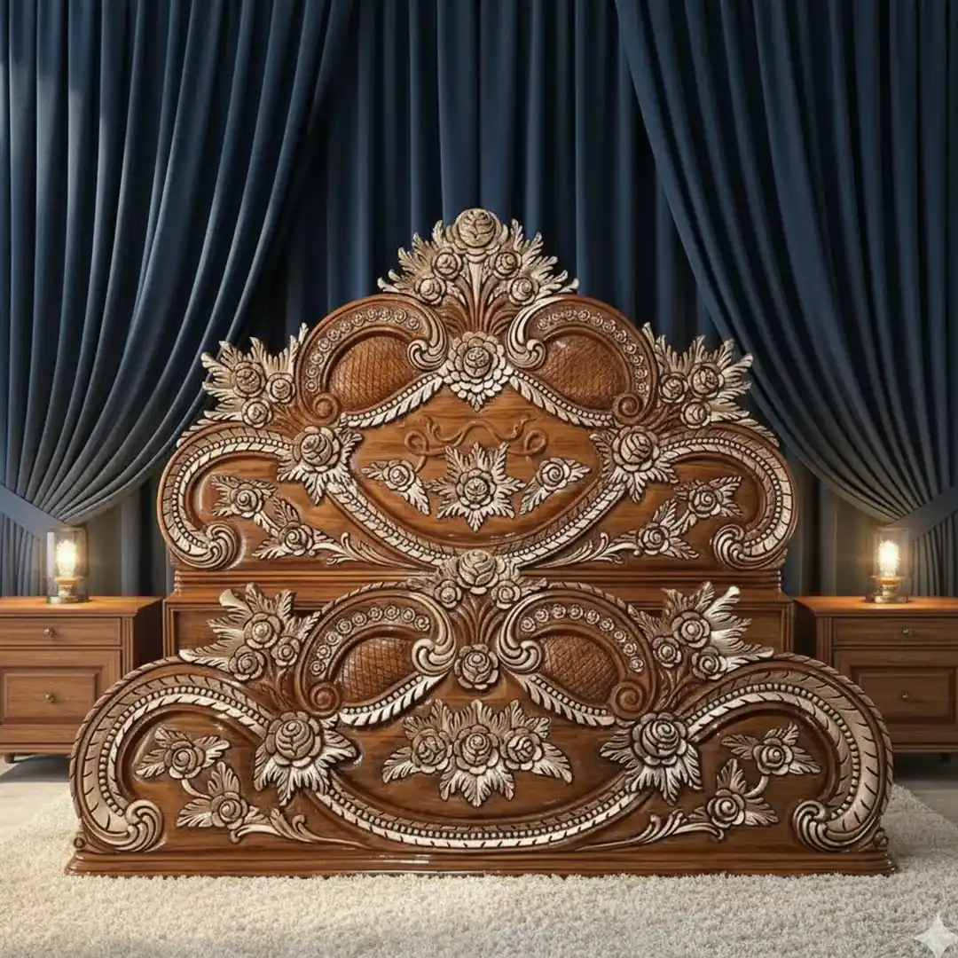 04 Maharaja Style Floral Carvings Wooden Bed Maharaja Style Floral Carvings Wooden Bed - Image 1