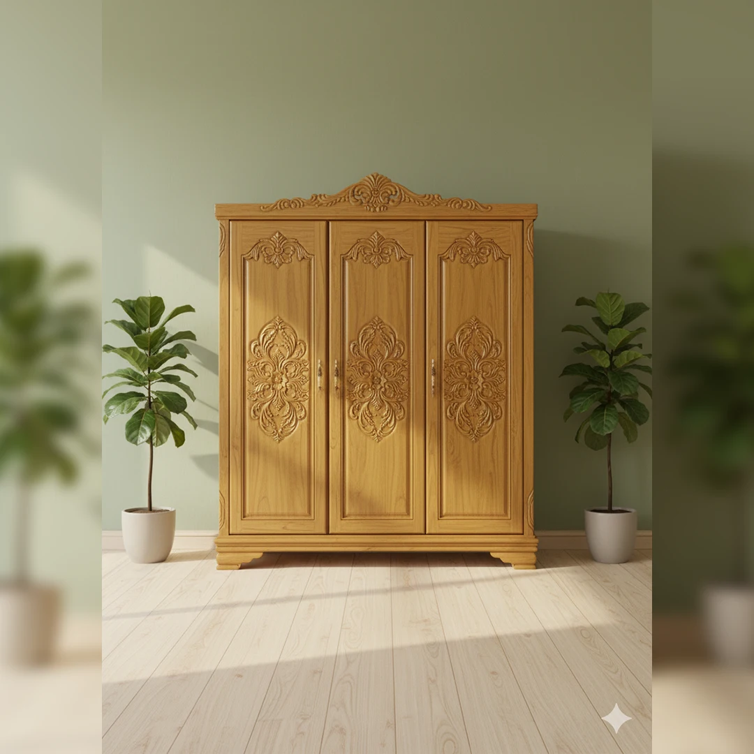 21 Crown-Top Traditional Carved 3-Door Almirah Crown-Top Traditional Carved 3-Door Almirah - Image 1