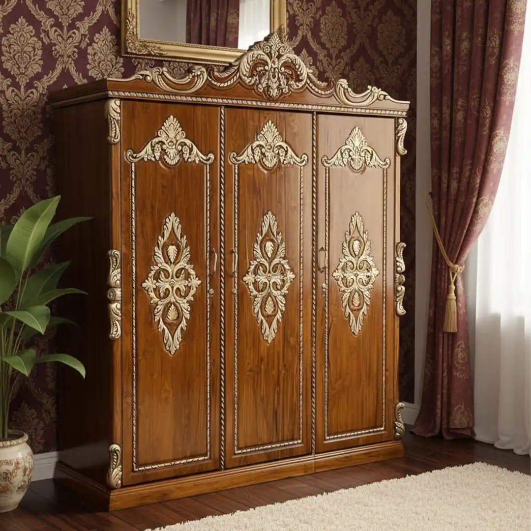 27 Carved Golden Floral Design 3 Door Almirah with Crown-top Carved Golden Floral Design 3 Door Almirah with Crown-top - Image 1