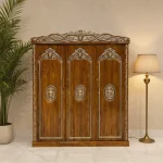 Victorian Style Engraved 3-Door Wooden Almirah with Ornate Crown-top