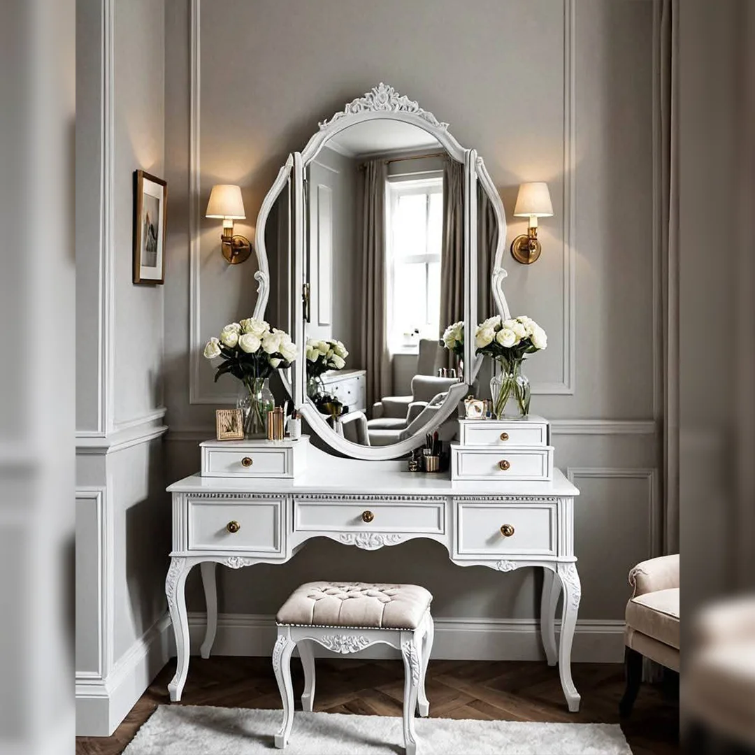 35 Vintage French-Inspired Wooden Vanity Set White Dressing Table with Oval Touch Mirror - Image 1