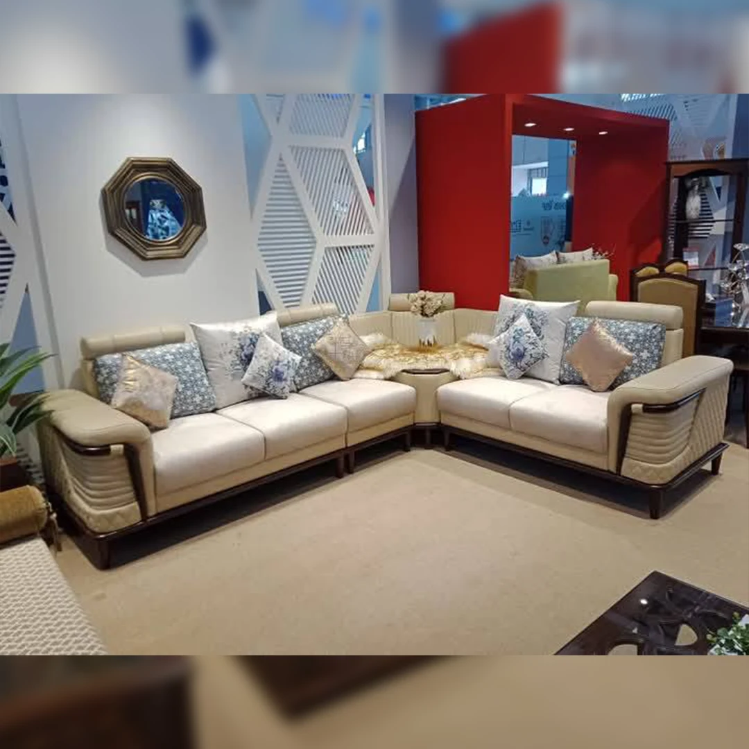 39 Modern L-Shaped Wooden Sofa Set With Golden Touch Modern L-Shaped Wooden Sofa Set With Golden Touch - Image 1