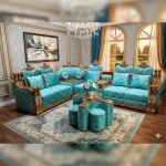 Premium Blue L-Shaped Wooden Sofa Set with Matching T-Table