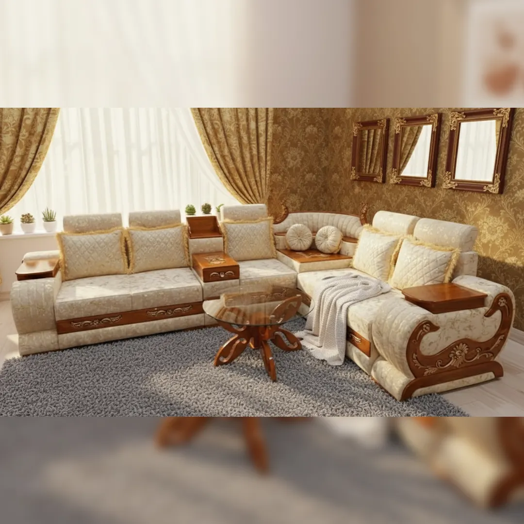 42 Opulent L-Shape Wooden Corner Sofa Set with Golden Trim Opulent L-Shape Wooden Corner Sofa Set with Golden Trim - Image 1