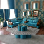 Elegant Blue L-Shaped Wooden Sectional Sofa with T-Table
